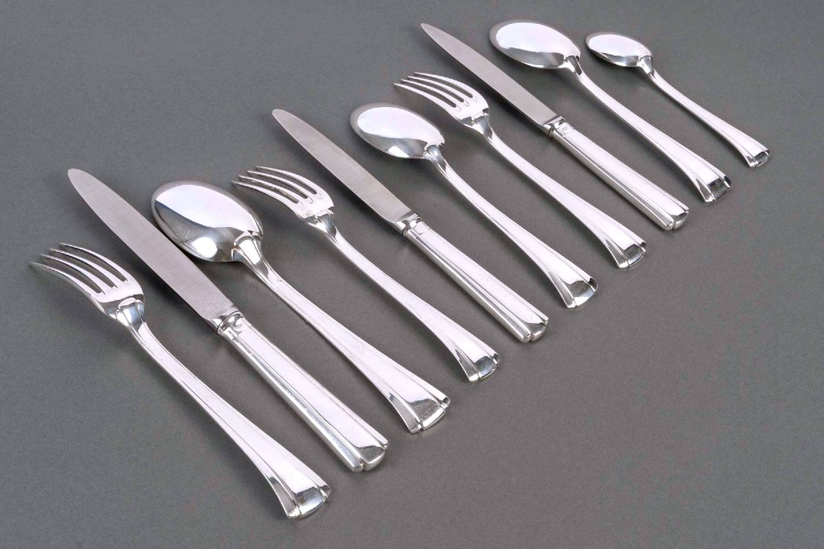 Puiforcat - Art Deco Cutlery Flatware Set Papyrus Cyperus Silver Plated Metal - 80 Pieces-photo-4