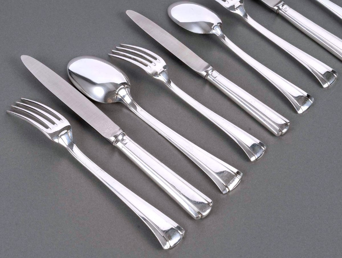 Puiforcat - Art Deco Cutlery Flatware Set Papyrus Cyperus Silver Plated Metal - 80 Pieces-photo-5