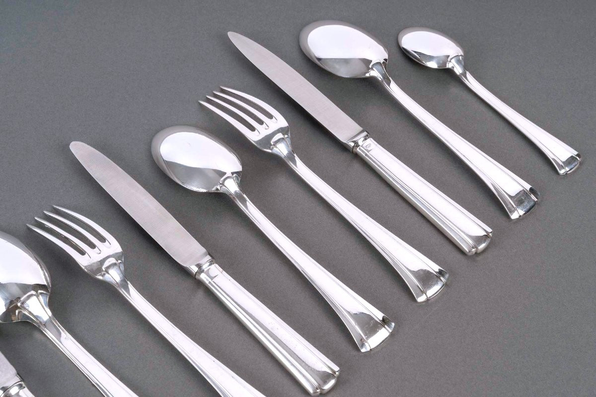 Puiforcat - Art Deco Cutlery Flatware Set Papyrus Cyperus Silver Plated Metal - 80 Pieces-photo-6