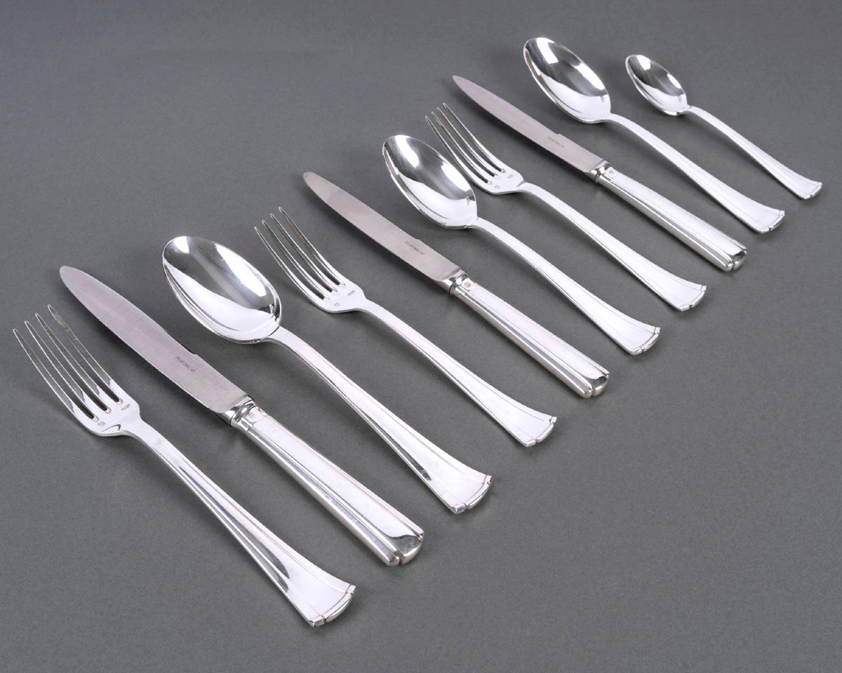 Puiforcat - Art Deco Cutlery Flatware Set Papyrus Cyperus Silver Plated Metal - 80 Pieces