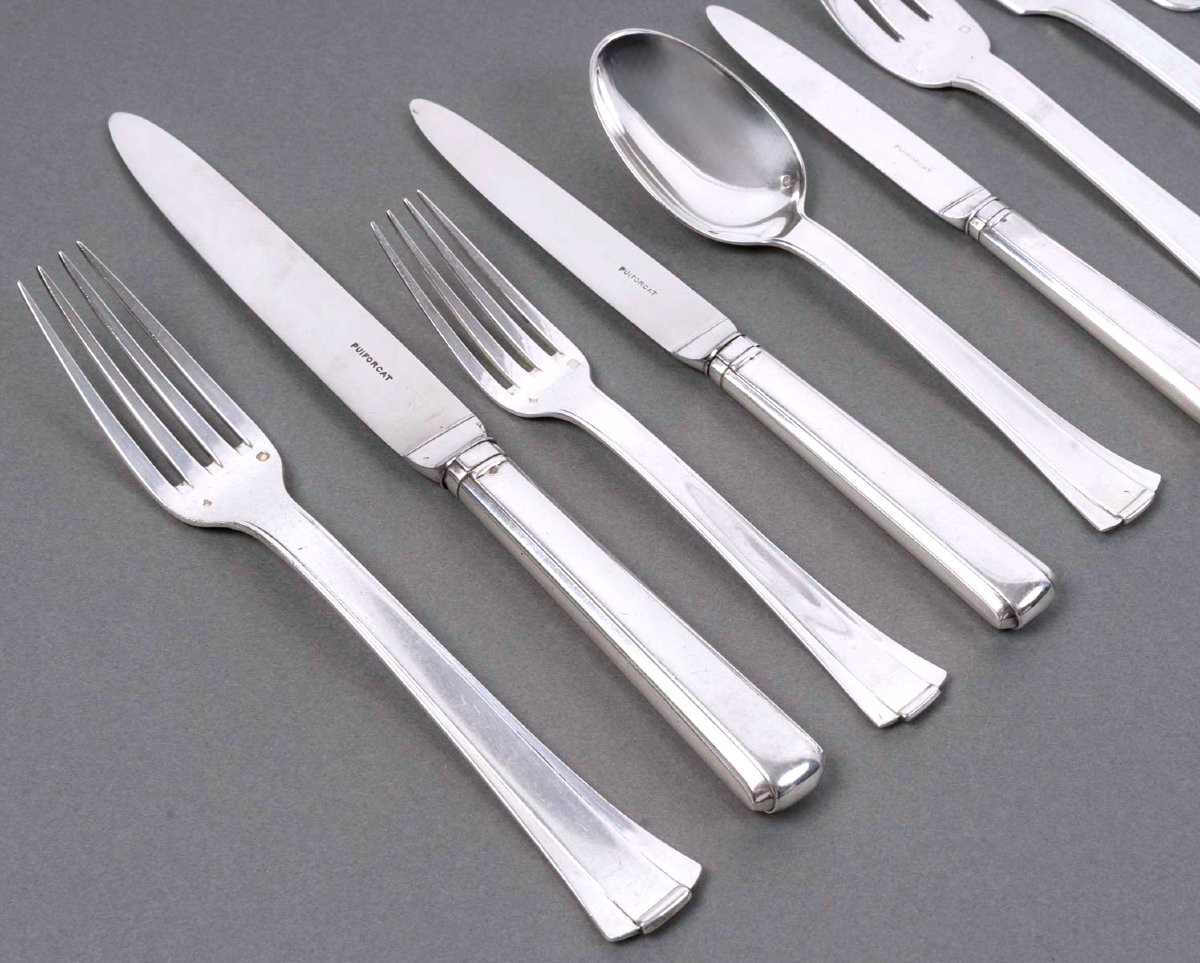 Jean E. Puiforcat - Art Deco Cutlery Flatware Set Dinard Papyrus Sterling Silver - 166 Pieces-photo-2