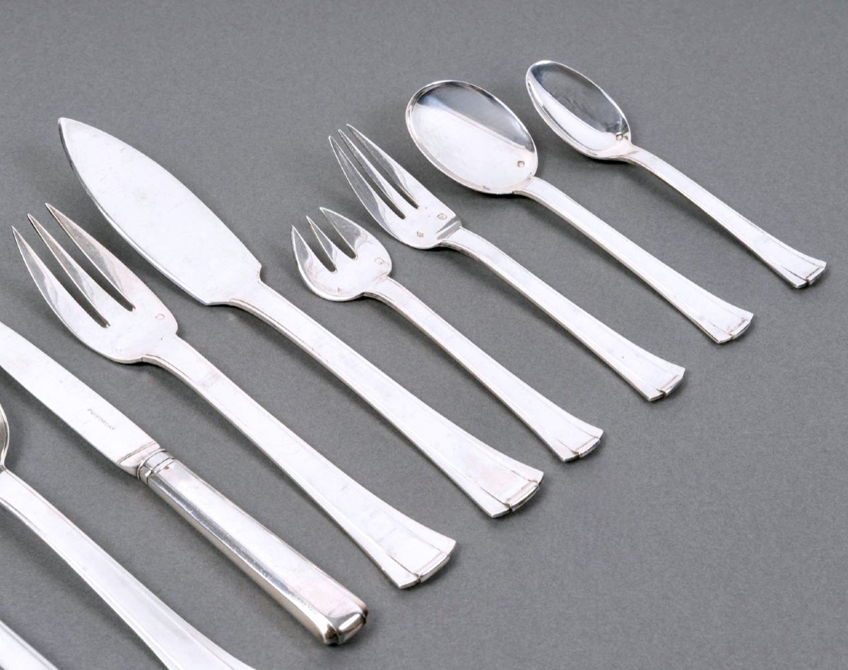 Jean E. Puiforcat - Art Deco Cutlery Flatware Set Dinard Papyrus Sterling Silver - 166 Pieces-photo-3