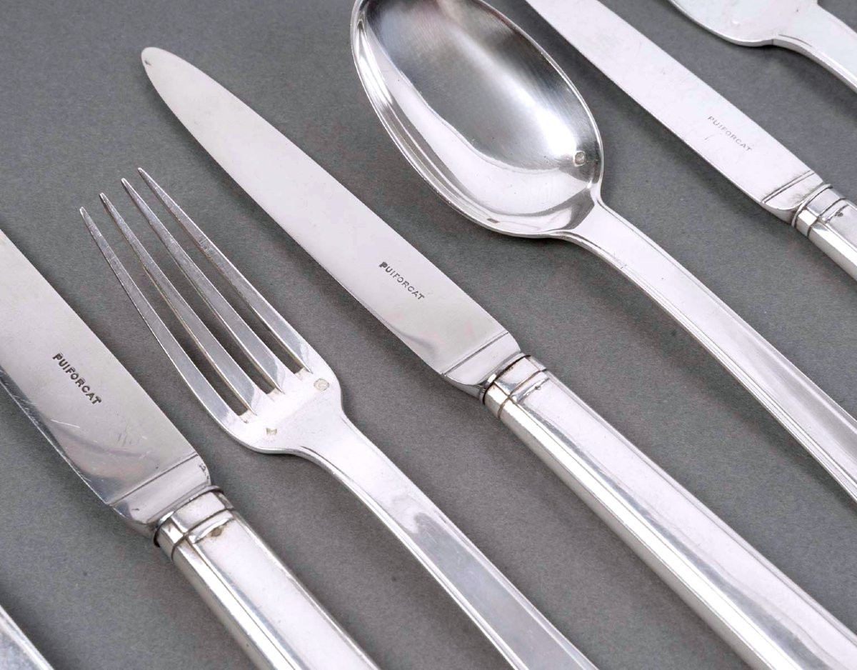 Jean E. Puiforcat - Art Deco Cutlery Flatware Set Dinard Papyrus Sterling Silver - 166 Pieces-photo-4