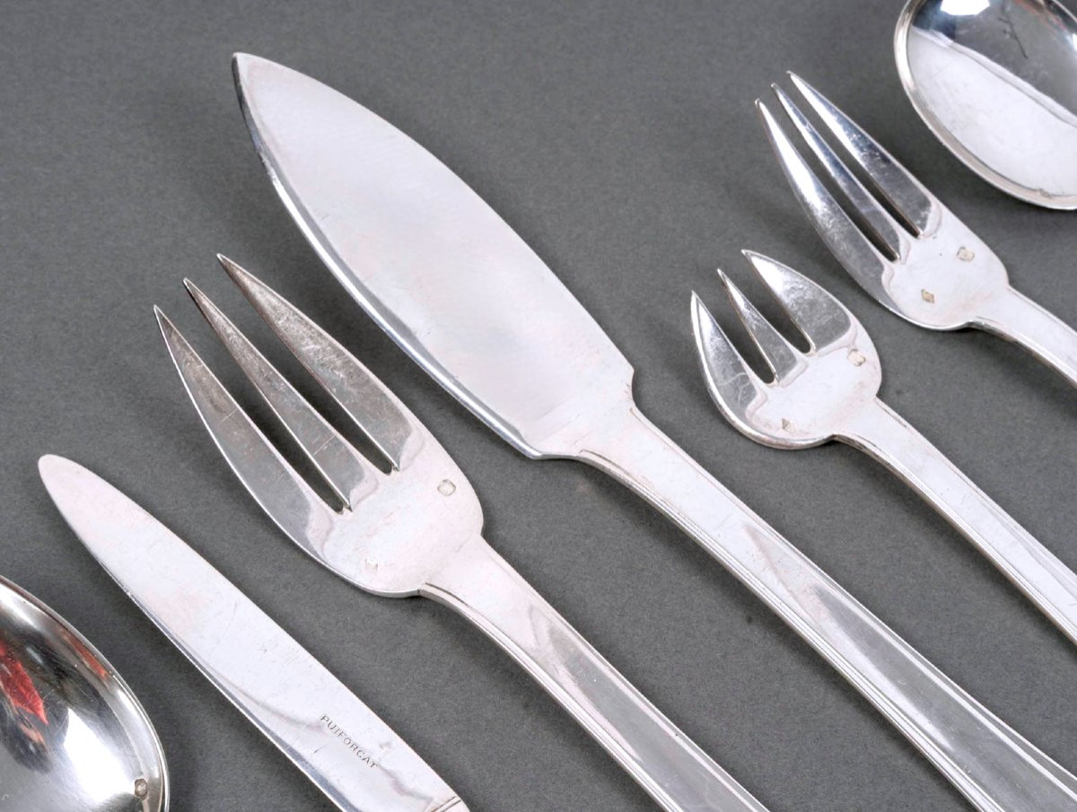 Jean E. Puiforcat - Art Deco Cutlery Flatware Set Dinard Papyrus Sterling Silver - 166 Pieces-photo-1