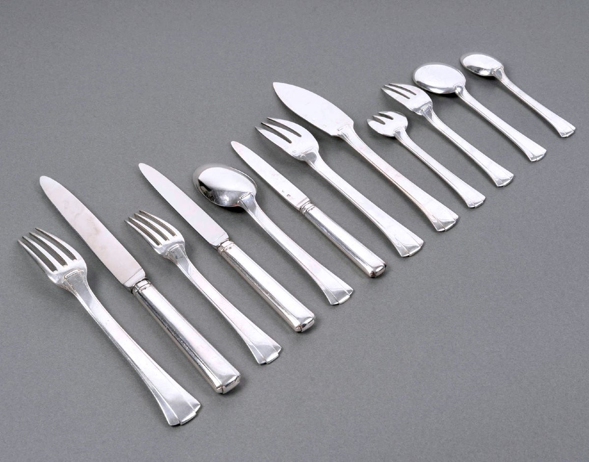 Jean E. Puiforcat - Art Deco Cutlery Flatware Set Dinard Papyrus Sterling Silver - 166 Pieces-photo-3