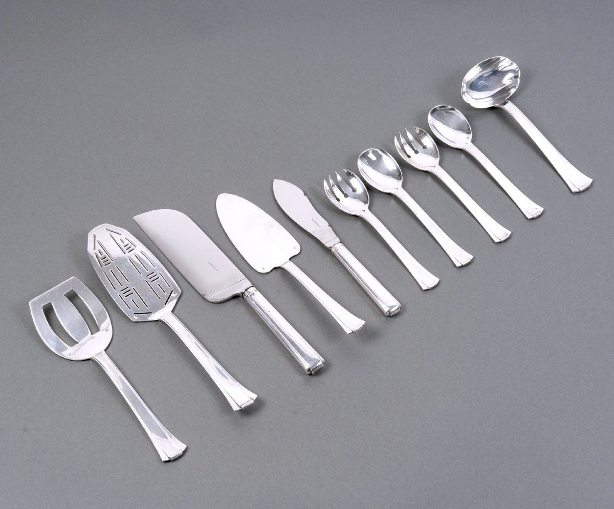 Jean E. Puiforcat - Art Deco Cutlery Flatware Set Dinard Papyrus Sterling Silver - 166 Pieces-photo-4