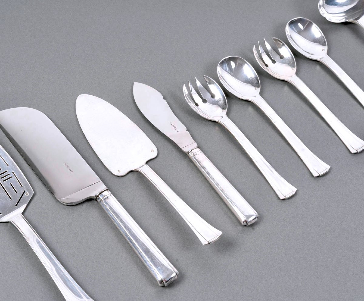 Jean E. Puiforcat - Art Deco Cutlery Flatware Set Dinard Papyrus Sterling Silver - 166 Pieces-photo-5