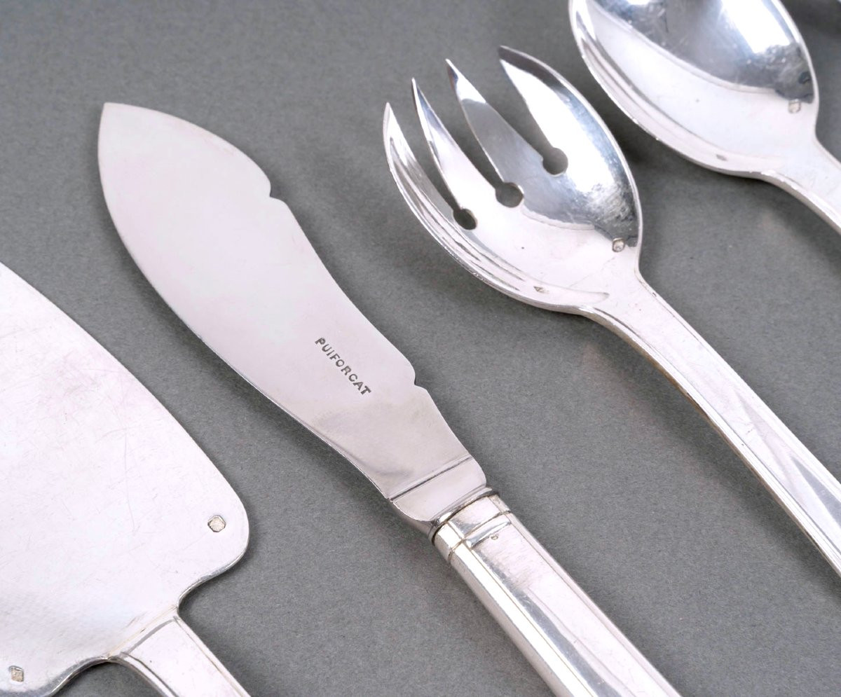Jean E. Puiforcat - Art Deco Cutlery Flatware Set Dinard Papyrus Sterling Silver - 166 Pieces-photo-7