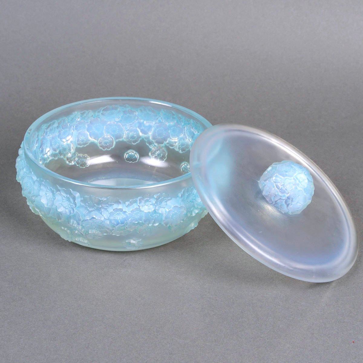 1927 René Lalique - Boîte Primevères Verre Opalescent Patiné Bleu-photo-3