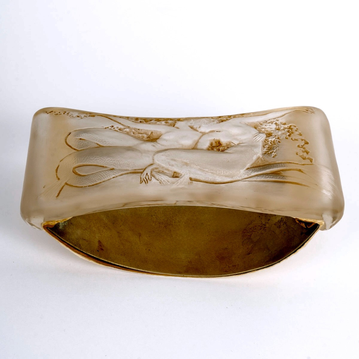 1920 René Lalique - Buvard Deux Sirènes Entrelacées Verre Blanc Patiné Sépia