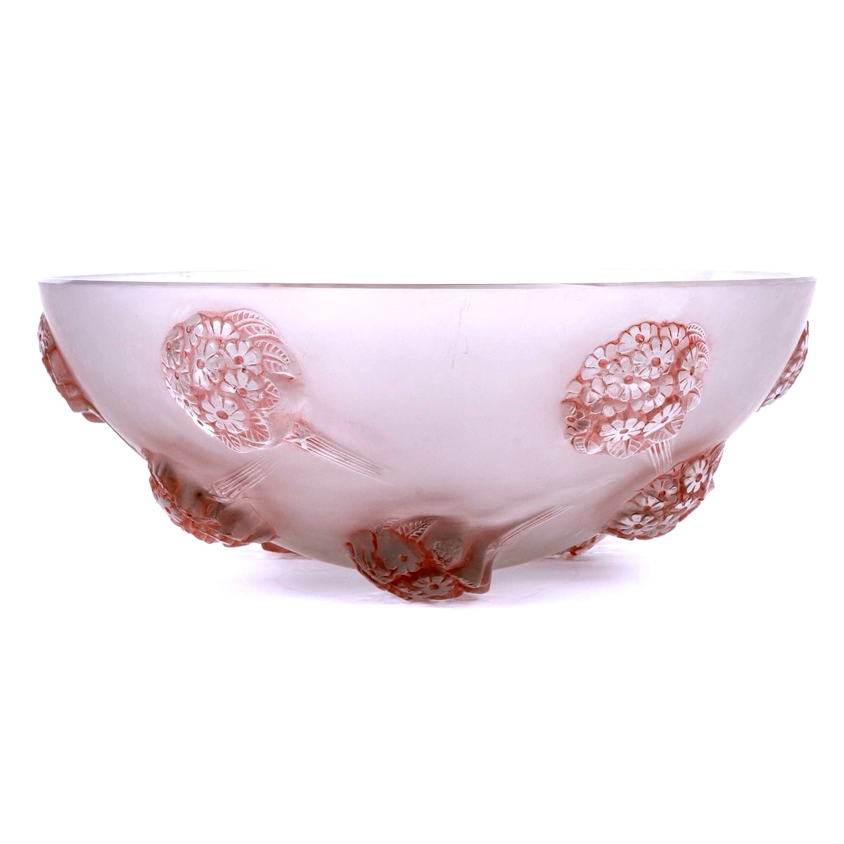 1928 René Lalique - Coupe Tournon Verre Blanc Patiné Rose-photo-2