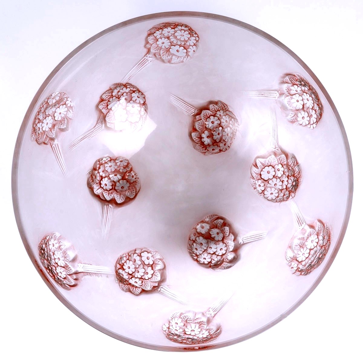 1928 René Lalique - Coupe Tournon Verre Blanc Patiné Rose-photo-4