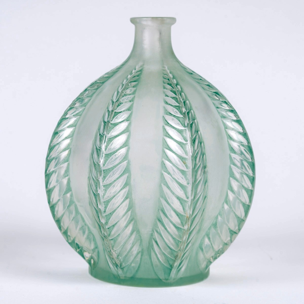 1924 René Lalique - Vase Malines Verre Blanc Patiné Vert