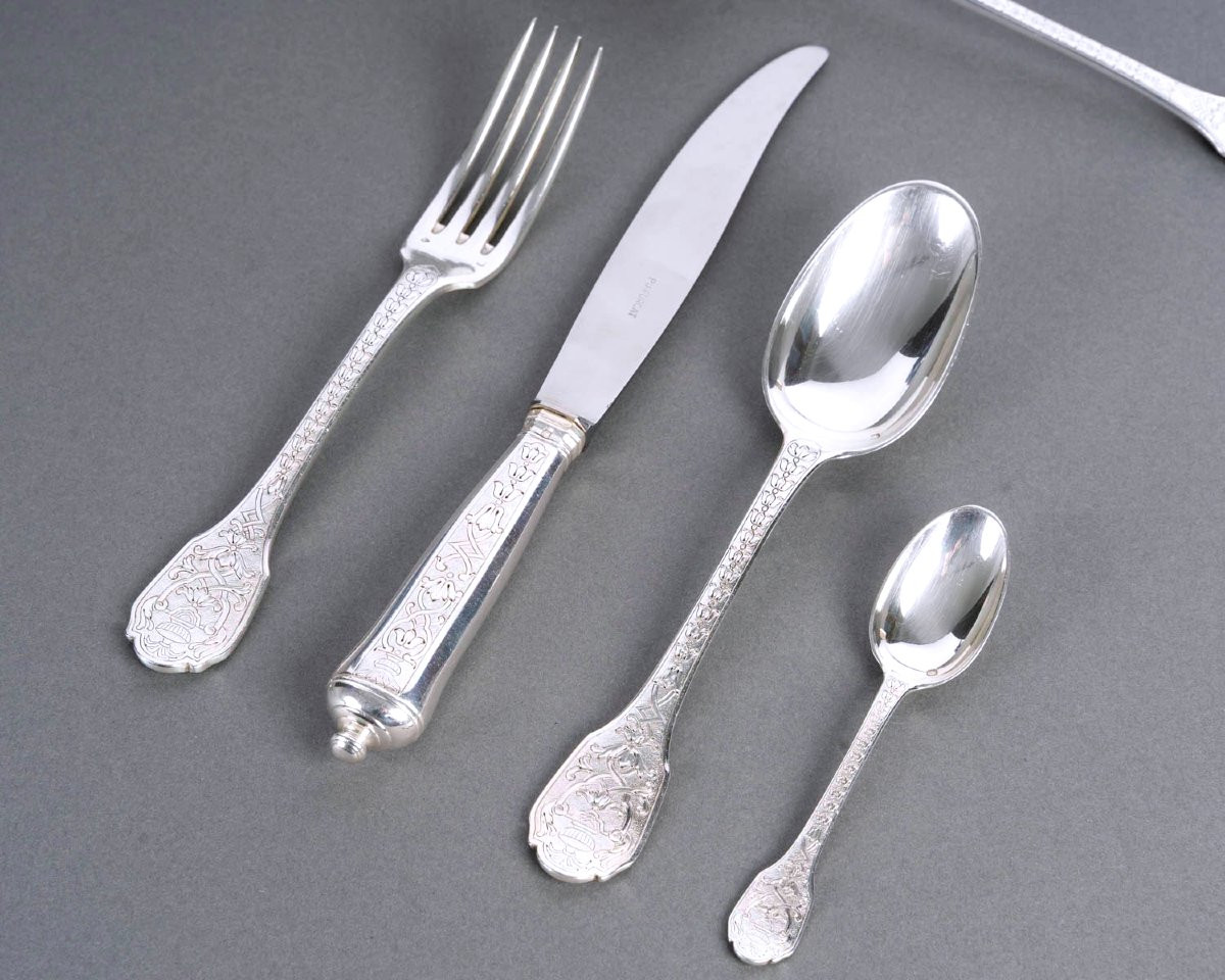 Puiforcat - Cutlery Flatware Set Soubise Elysee Sterling Silver - 49 Pieces-photo-2