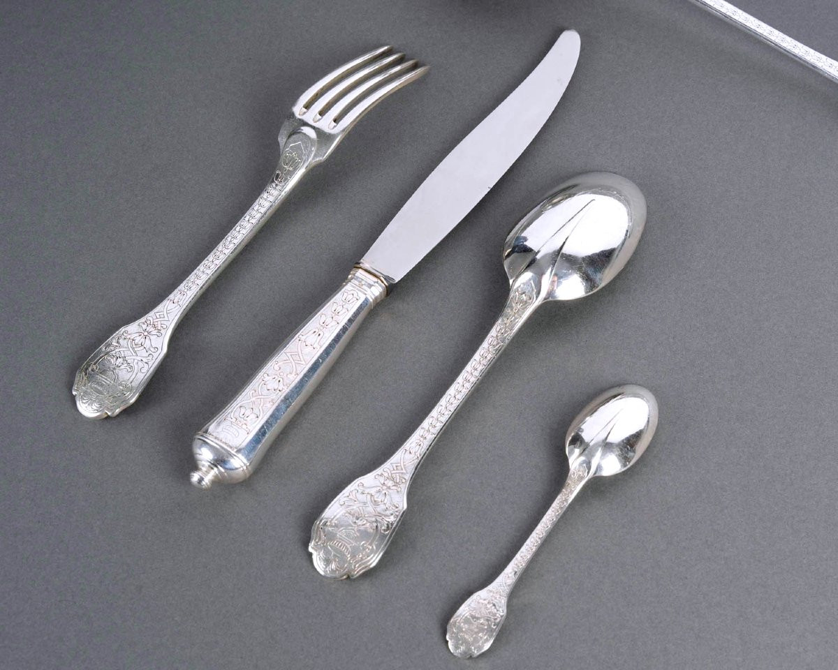 Puiforcat - Cutlery Flatware Set Soubise Elysee Sterling Silver - 49 Pieces-photo-2