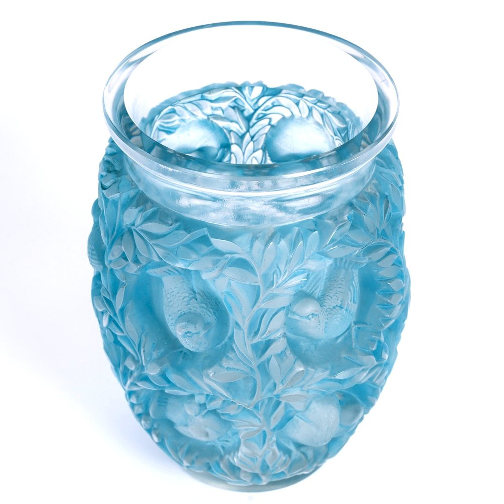 1939 René Lalique - Vase Bagatelle Verre Blanc Patiné Bleu-photo-2