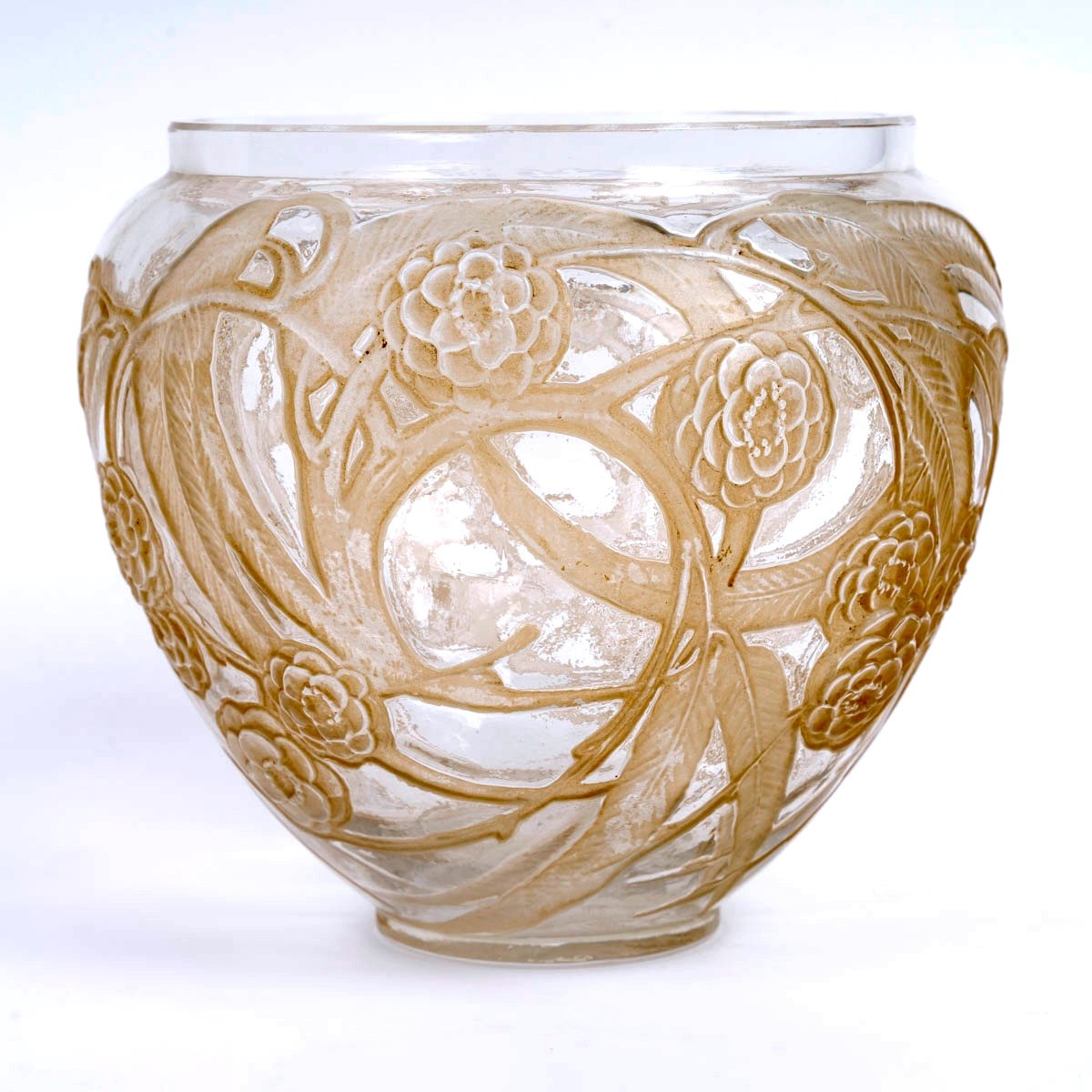 1923 René Lalique - Vase Néfliers Verre Blanc Patiné Sépia