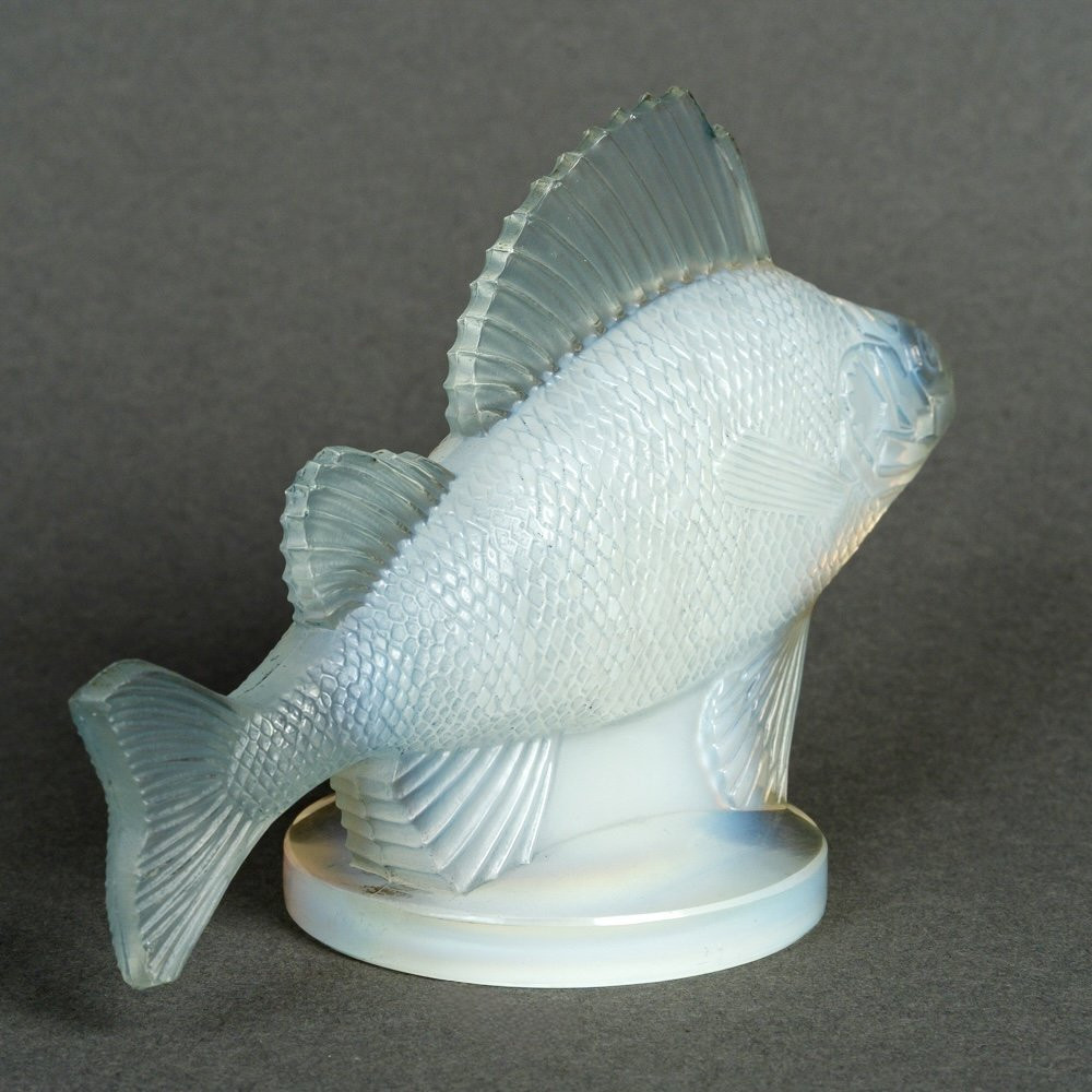 1929 René Lalique - Car Mascot Hood Ornament Perche Opalescent Glass With Blue Patina-photo-4