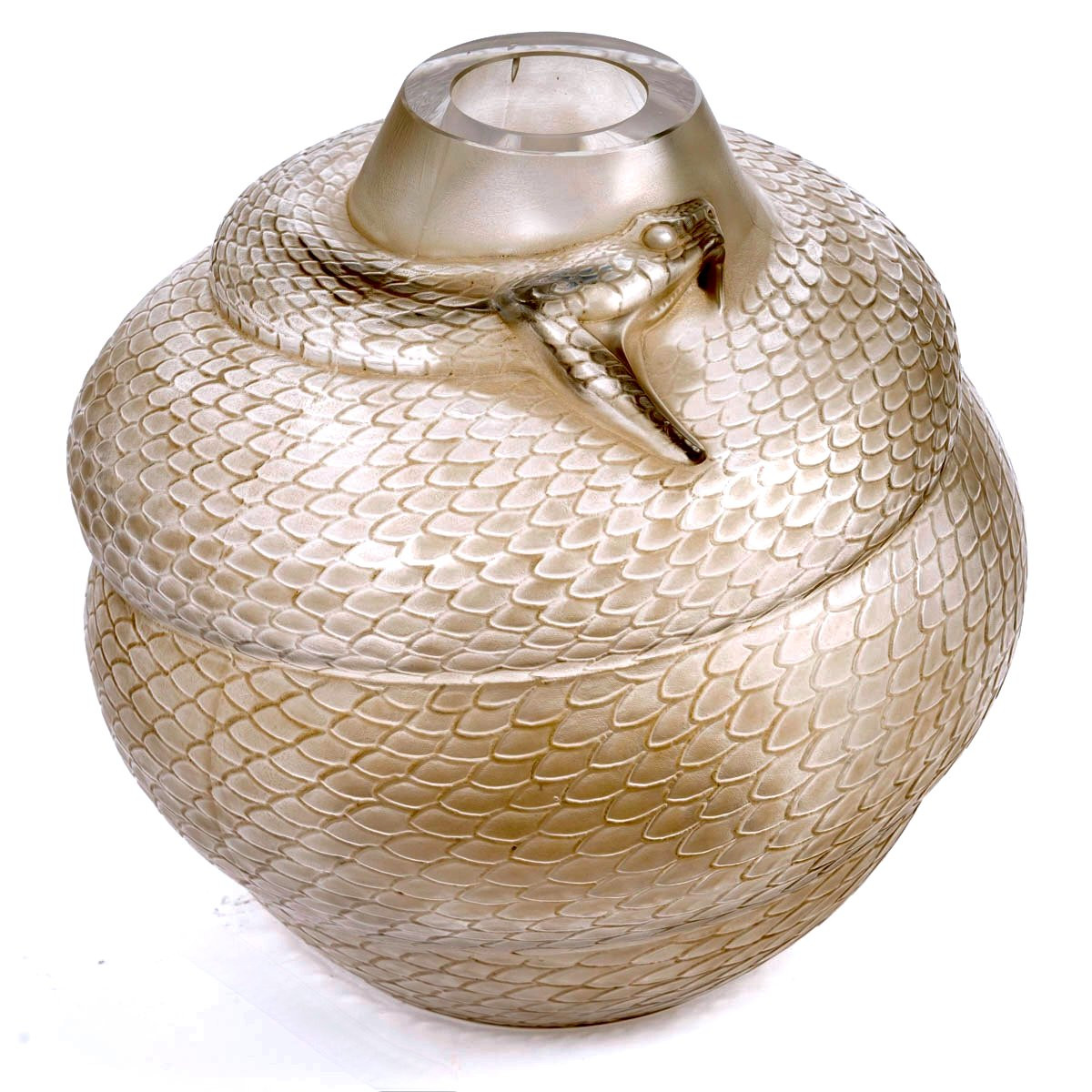 1924 René Lalique - Vase Serpent Verre Blanc Patiné Sépia-photo-2