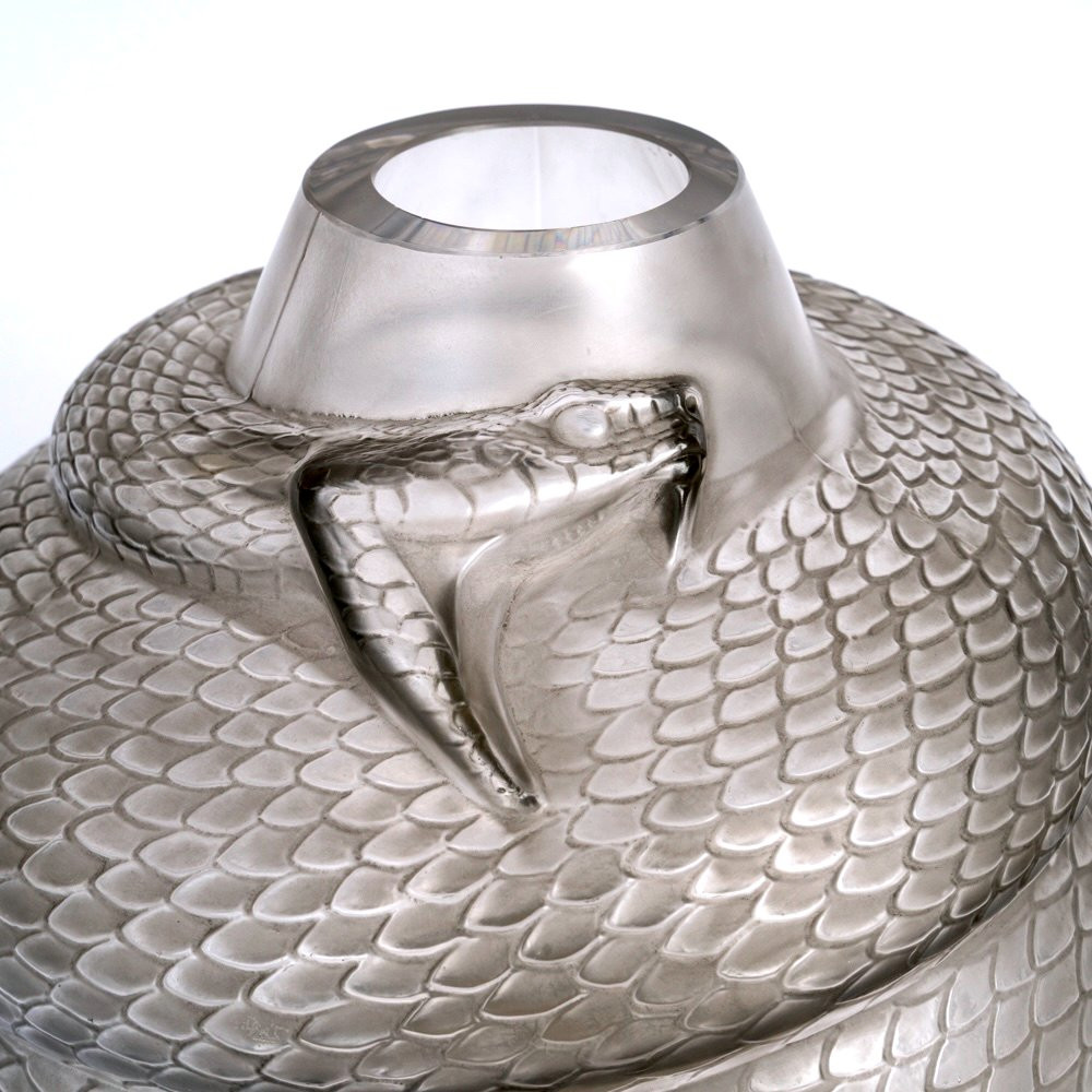 1924 René Lalique - Vase Serpent Verre Blanc Patiné Gris-photo-4