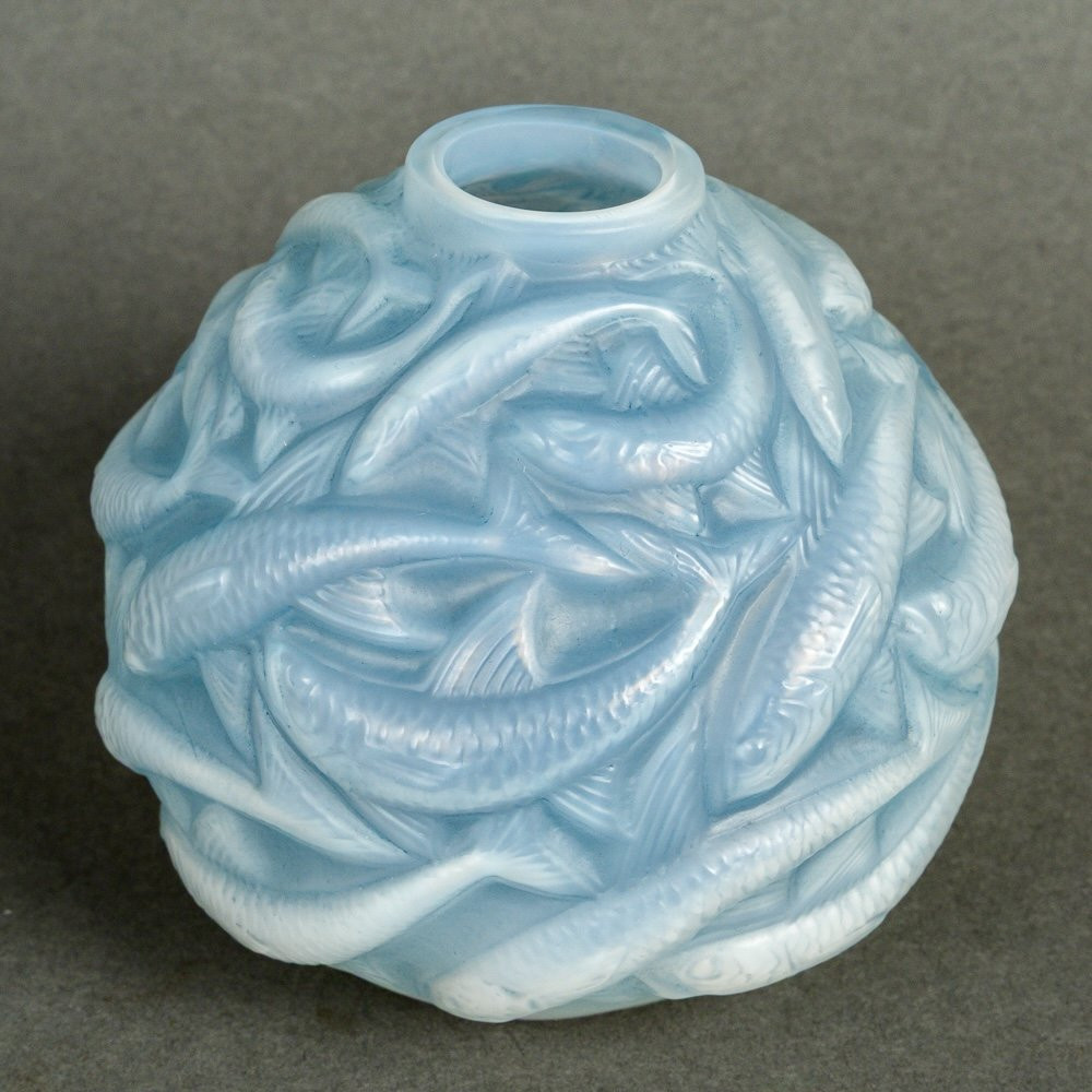 1927 René Lalique - Vase Oleron Opalescent Glass With Blue Patina-photo-2