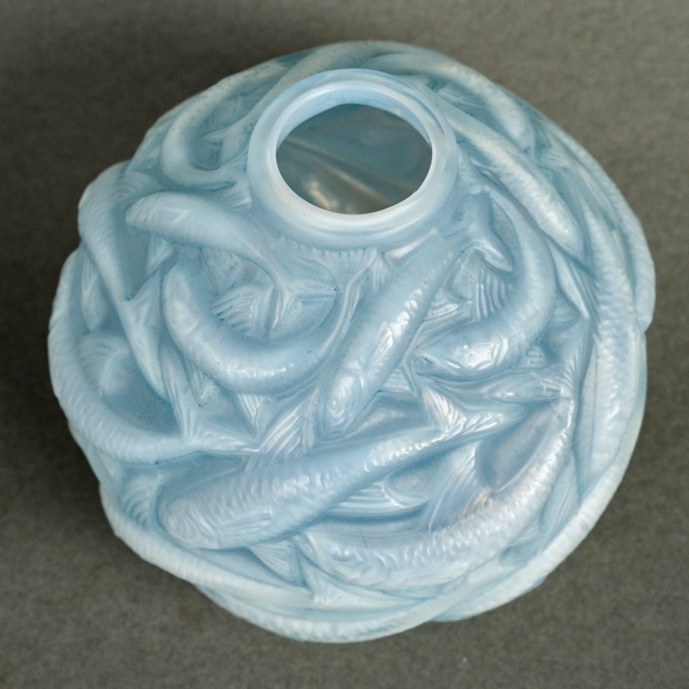 1927 René Lalique - Vase Oleron Opalescent Glass With Blue Patina-photo-3