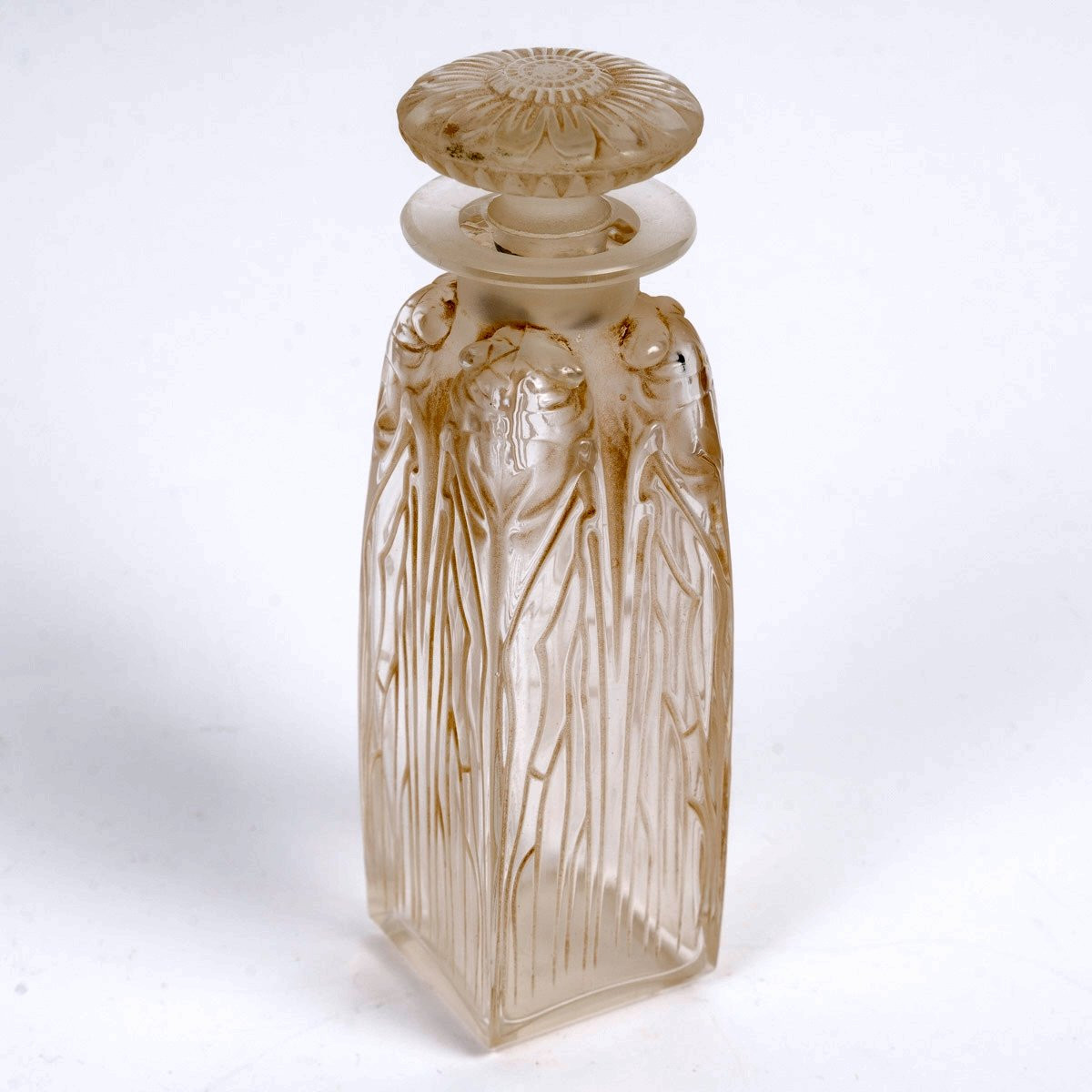 1910 René Lalique - Perfume Bottle Quatre Cigales Cicadas Glass With Sepia Patina-photo-2