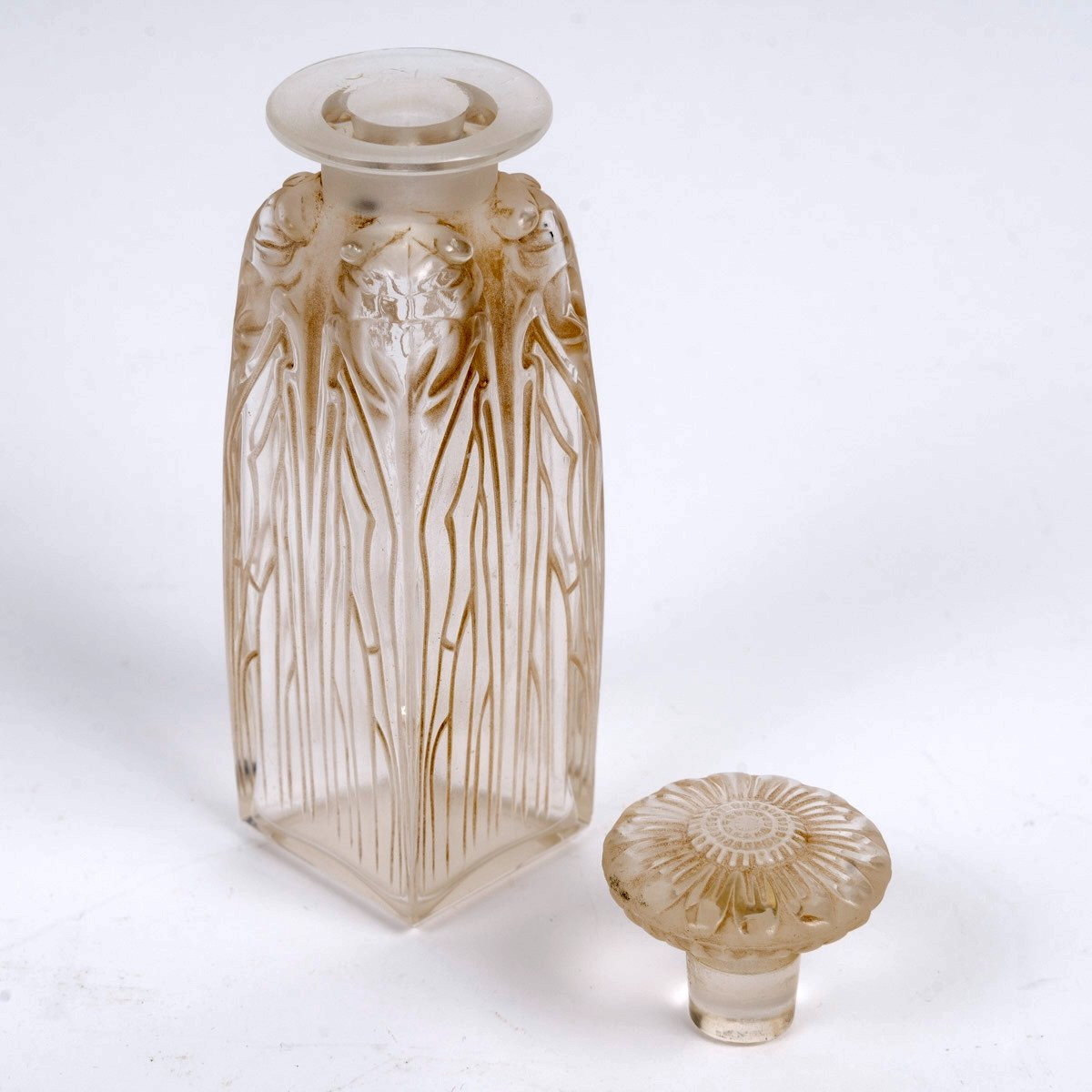 1910 René Lalique - Perfume Bottle Quatre Cigales Cicadas Glass With Sepia Patina-photo-3