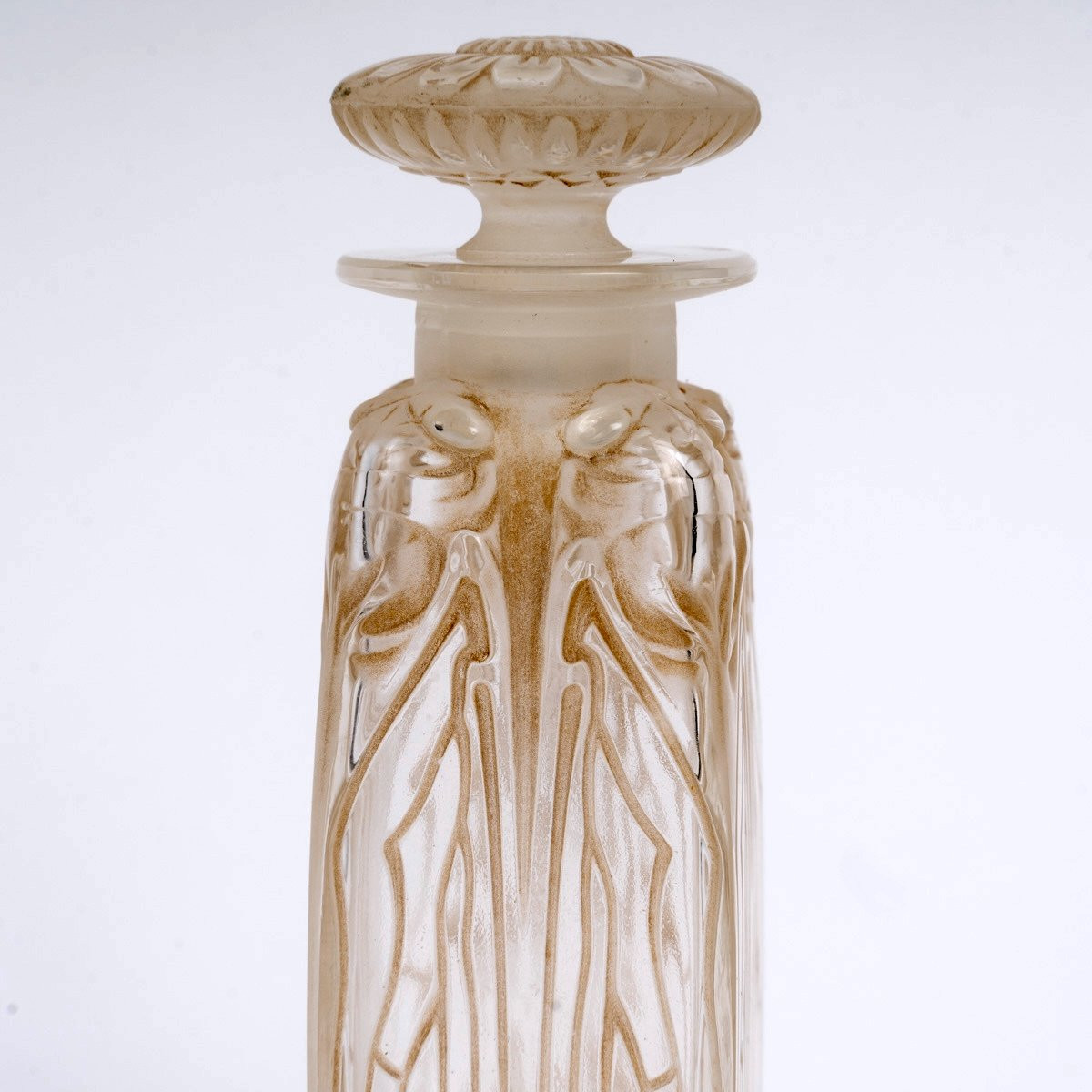 1910 René Lalique - Perfume Bottle Quatre Cigales Cicadas Glass With Sepia Patina-photo-4
