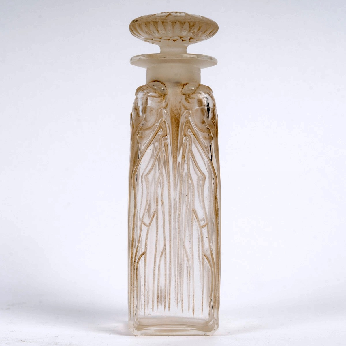 1910 René Lalique - Perfume Bottle Quatre Cigales Cicadas Glass With Sepia Patina