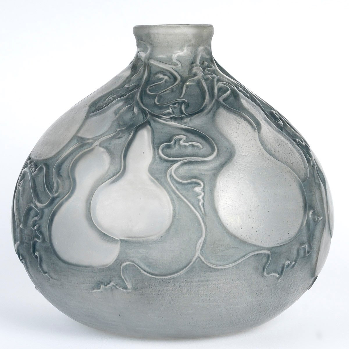 1914 René Lalique - Vase Courges Verre Blanc Patiné Bleu Gris-photo-2