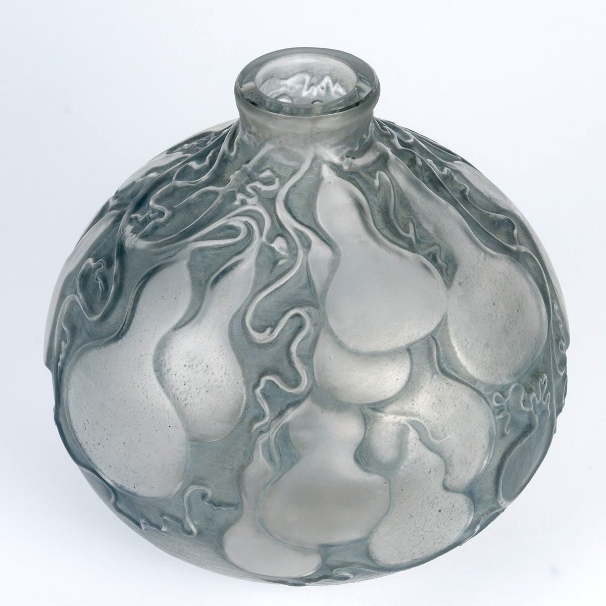 1914 René Lalique - Vase Courges Verre Blanc Patiné Bleu Gris-photo-3