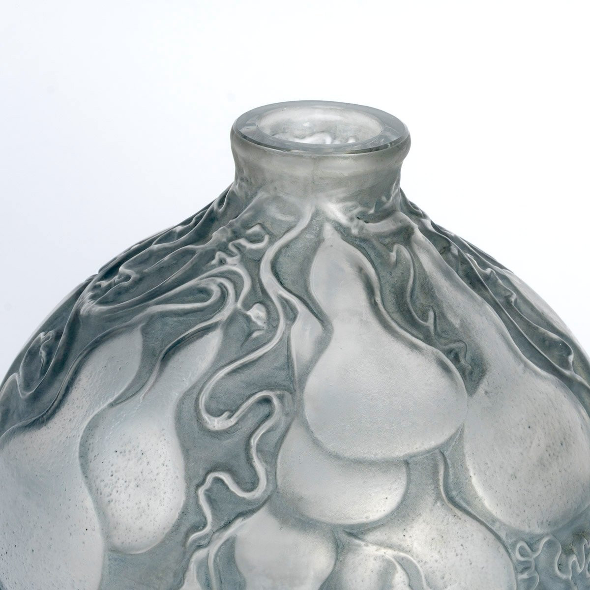 1914 René Lalique - Vase Courges Verre Blanc Patiné Bleu Gris-photo-4