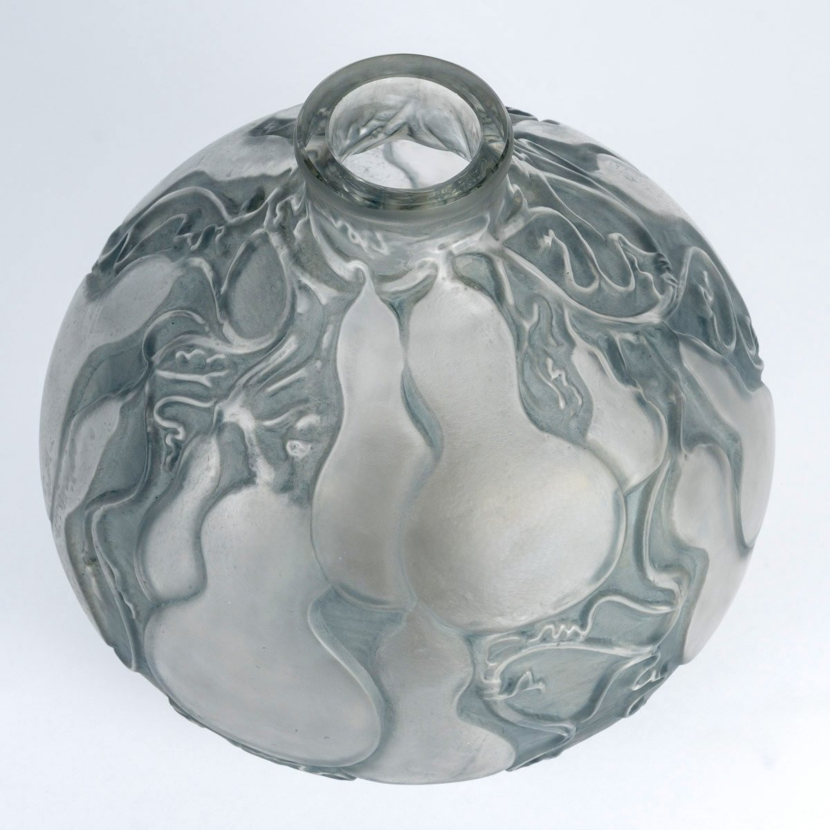 1914 René Lalique - Vase Courges Verre Blanc Patiné Bleu Gris-photo-1
