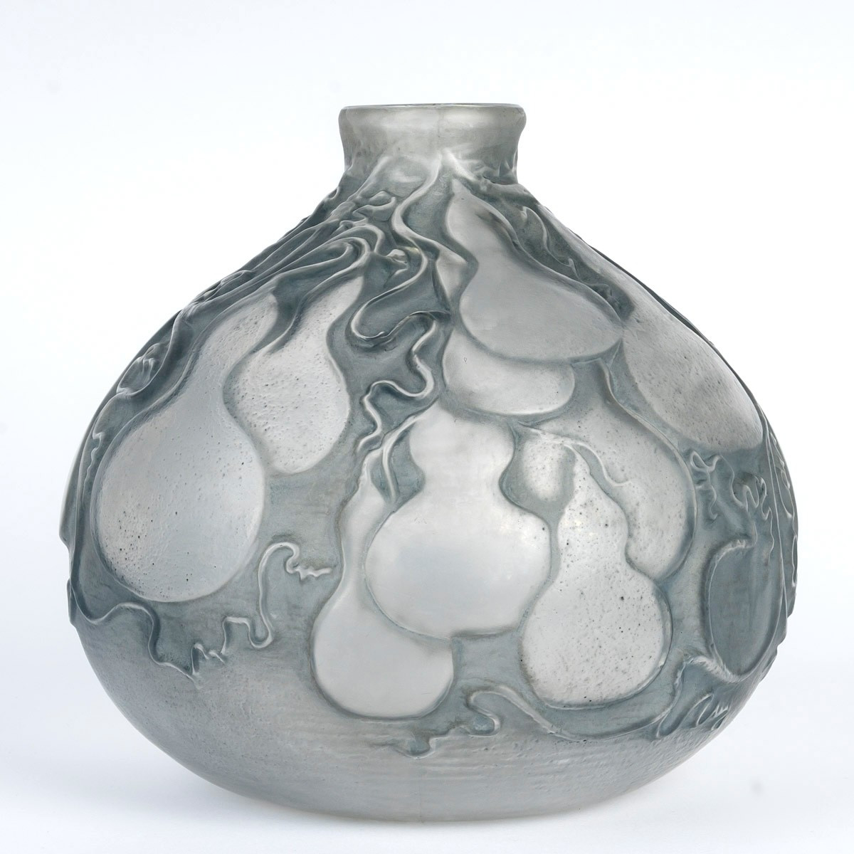 1914 René Lalique - Vase Courges Verre Blanc Patiné Bleu Gris