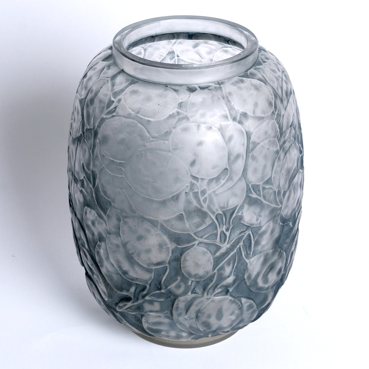 1914 René Lalique - Vase Monnaie Du Pape Verre Blanc Patiné Bleu-photo-2