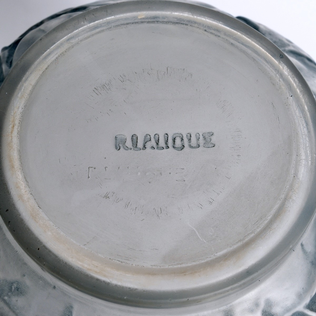 1914 René Lalique - Vase Monnaie Du Pape Verre Blanc Patiné Bleu-photo-1