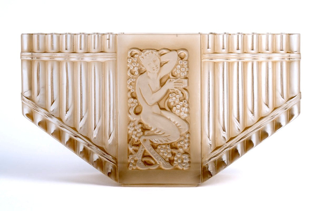 1937 René Lalique - Vase Pan Verre Blanc Patiné Sépia -photo-2