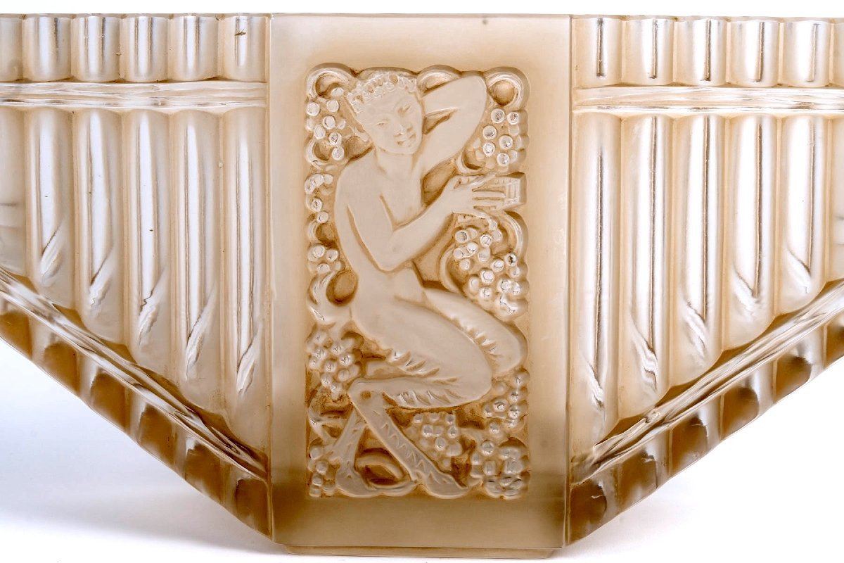 1937 René Lalique - Vase Pan Verre Blanc Patiné Sépia -photo-3
