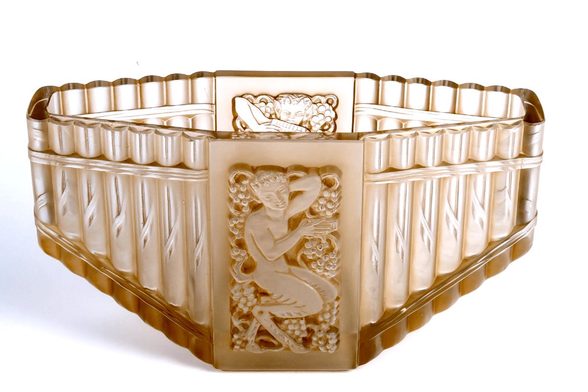 1937 René Lalique - Vase Pan Verre Blanc Patiné Sépia -photo-2