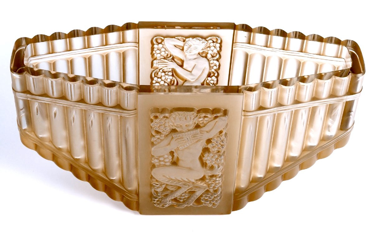 1937 René Lalique - Vase Pan Verre Blanc Patiné Sépia -photo-3