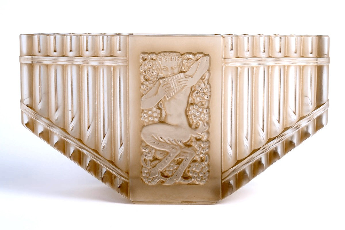 1937 René Lalique - Vase Pan Verre Blanc Patiné Sépia 