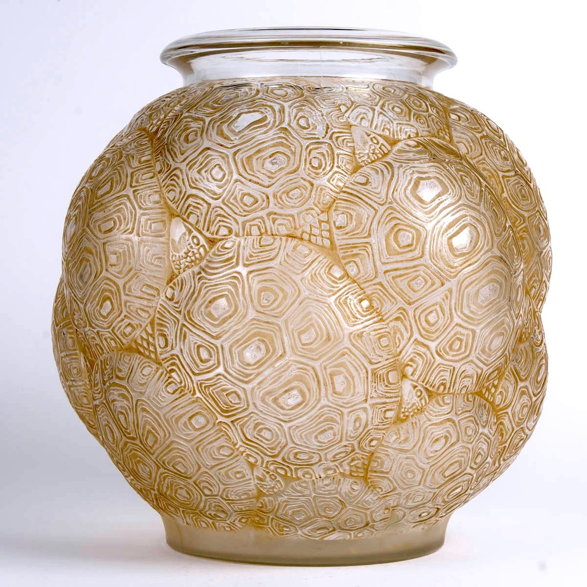 1926 René Lalique - Vase Tortues Verre Blanc Patiné Sépia-photo-2