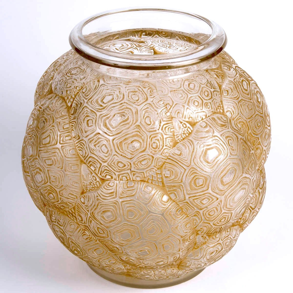 1926 René Lalique - Vase Tortues Verre Blanc Patiné Sépia-photo-3