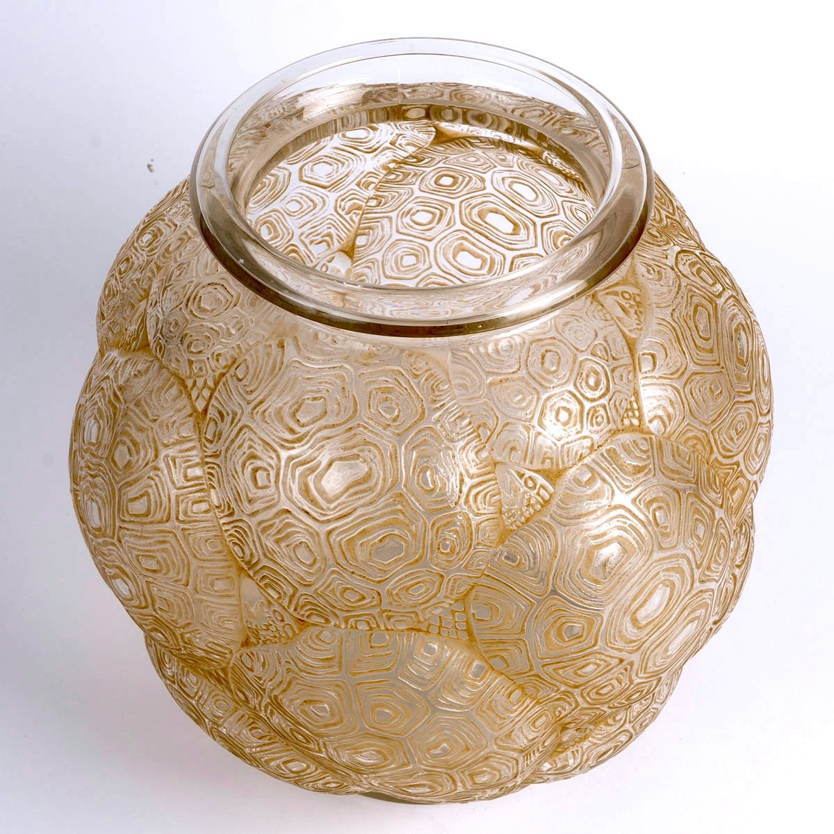 1926 René Lalique - Vase Tortues Verre Blanc Patiné Sépia-photo-4