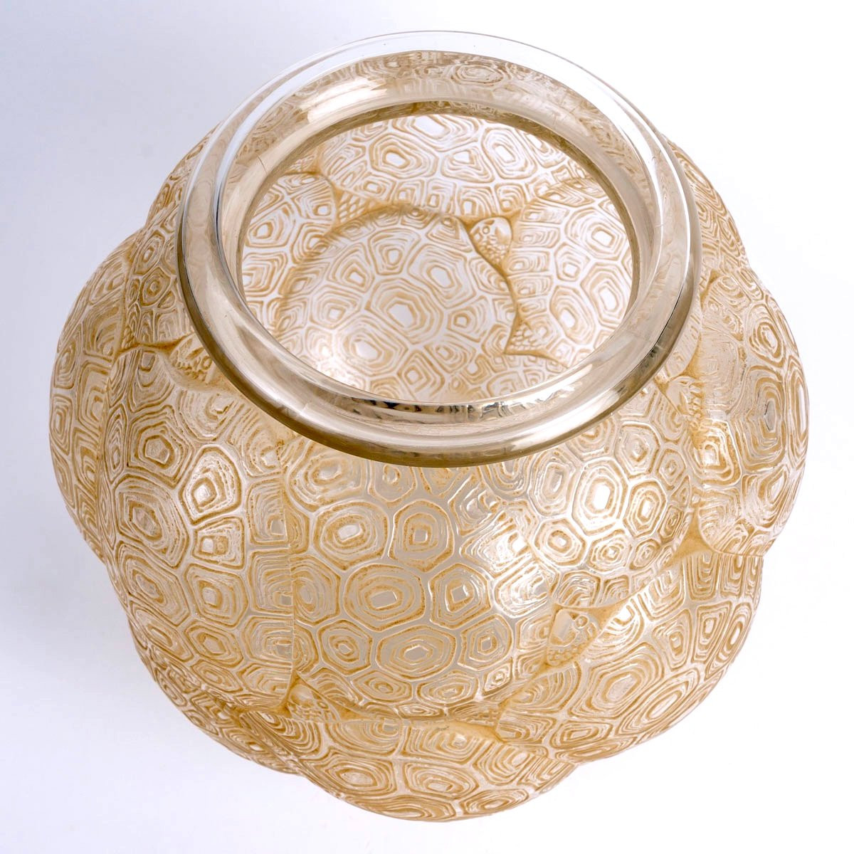 1926 René Lalique - Vase Tortues Verre Blanc Patiné Sépia-photo-1