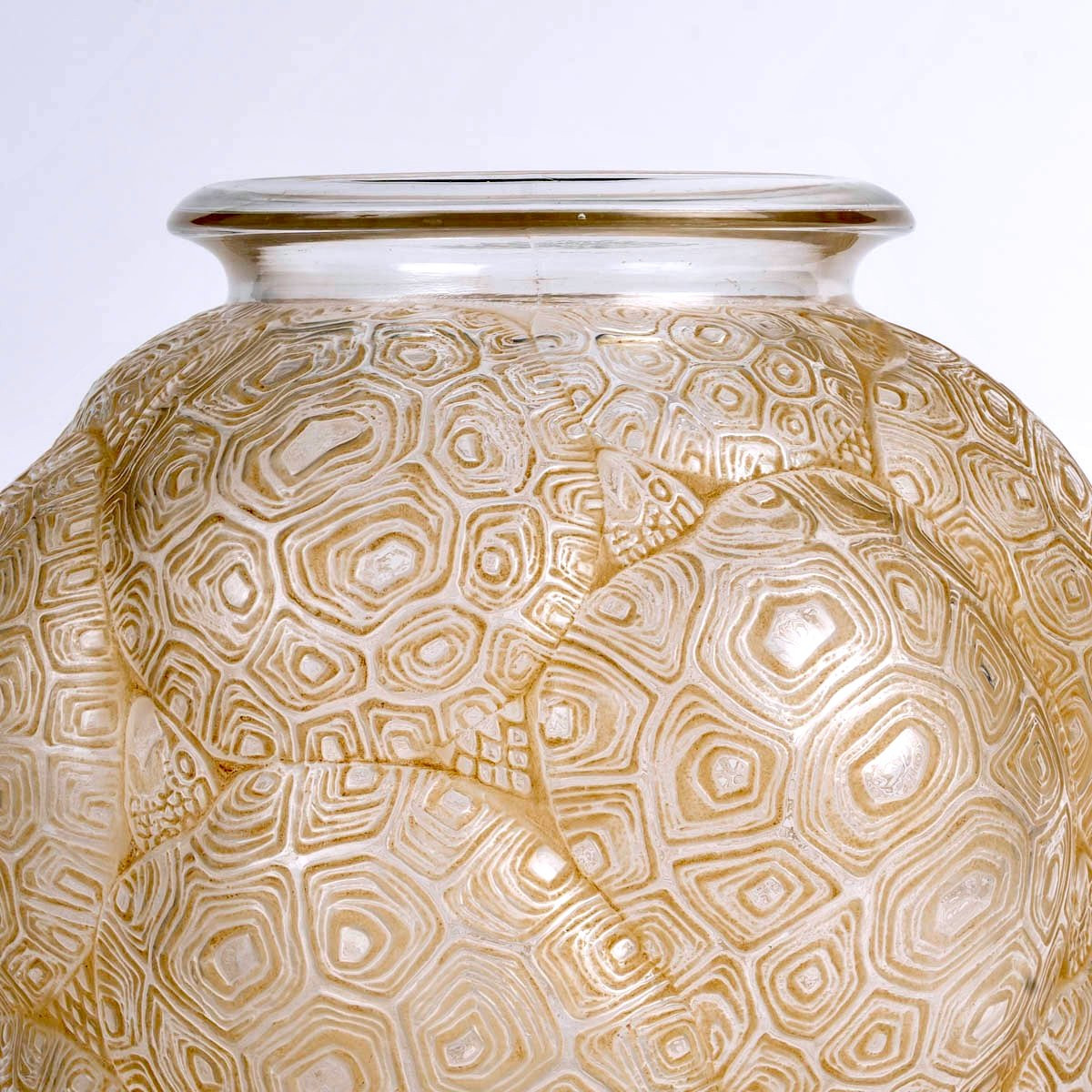 1926 René Lalique - Vase Tortues Verre Blanc Patiné Sépia-photo-2