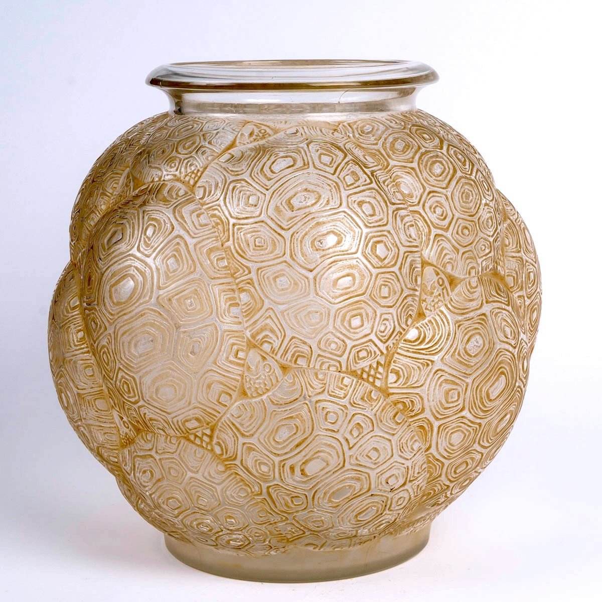 1926 René Lalique - Vase Tortues Verre Blanc Patiné Sépia