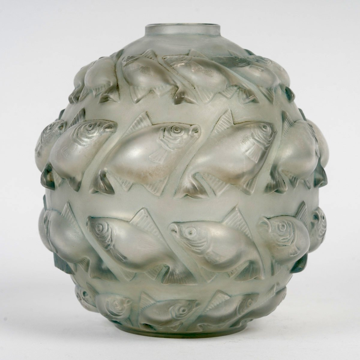 1928 René Lalique - Vase Camaret Verre Blanc Patiné Bleu Gris-photo-2