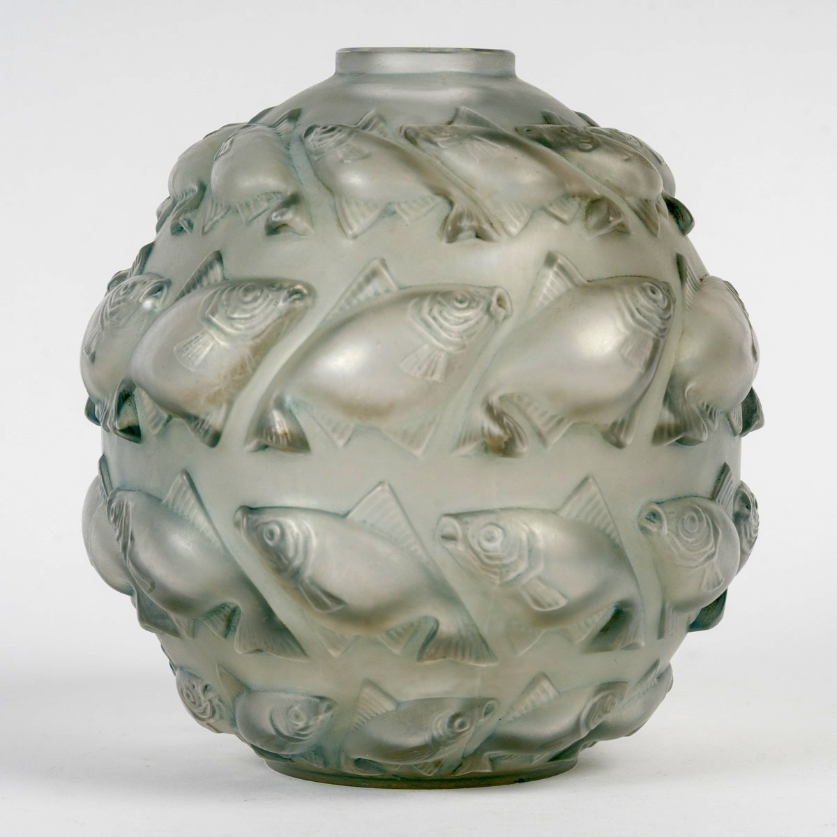 1928 René Lalique - Vase Camaret Verre Blanc Patiné Bleu Gris